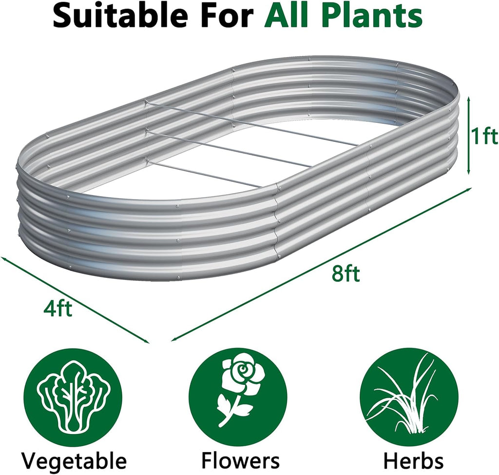 2 Pack Galvanized Raised Garden Bed Metal Oval Raised Garden Beds Outdoor Planter Box for Vegetables (8x4x1FT, Silver)