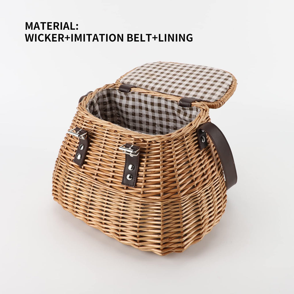 Wicker Picnic Fishing Creel Basket with Lid & Shoulder Strap