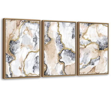Gray White Gold Framed Wall Art Abstract Marble Canvas Pictures, 48x32in x3