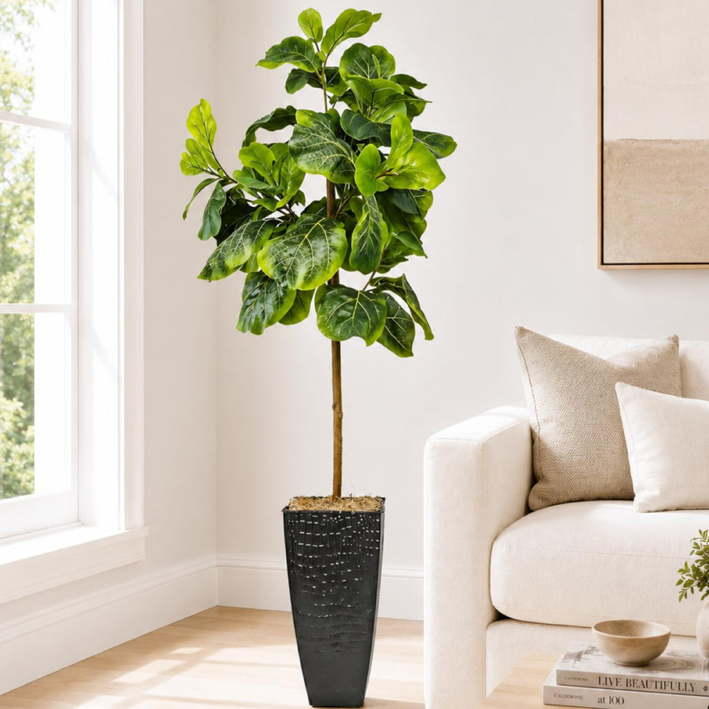 Artificial Tree, 5ft Artificial Fiddle Leaf Fig Tree in Black Metal Pot with Real Wood Trunk by, Preassembled, Fake