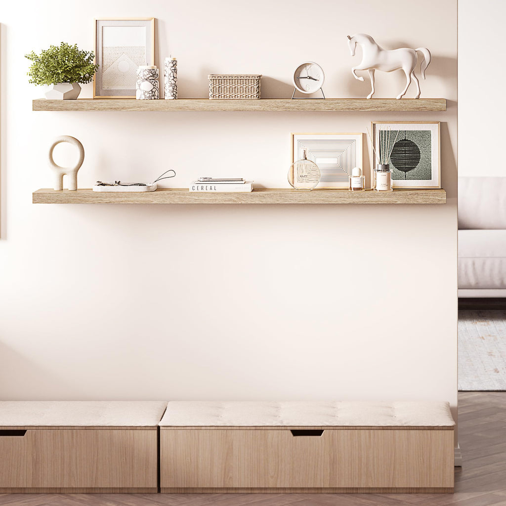 Floating Shelves for Wall, 60" Wood Wall Shelf Set of 2, with Invisible Brackets, 8" Deep, Oak Finish