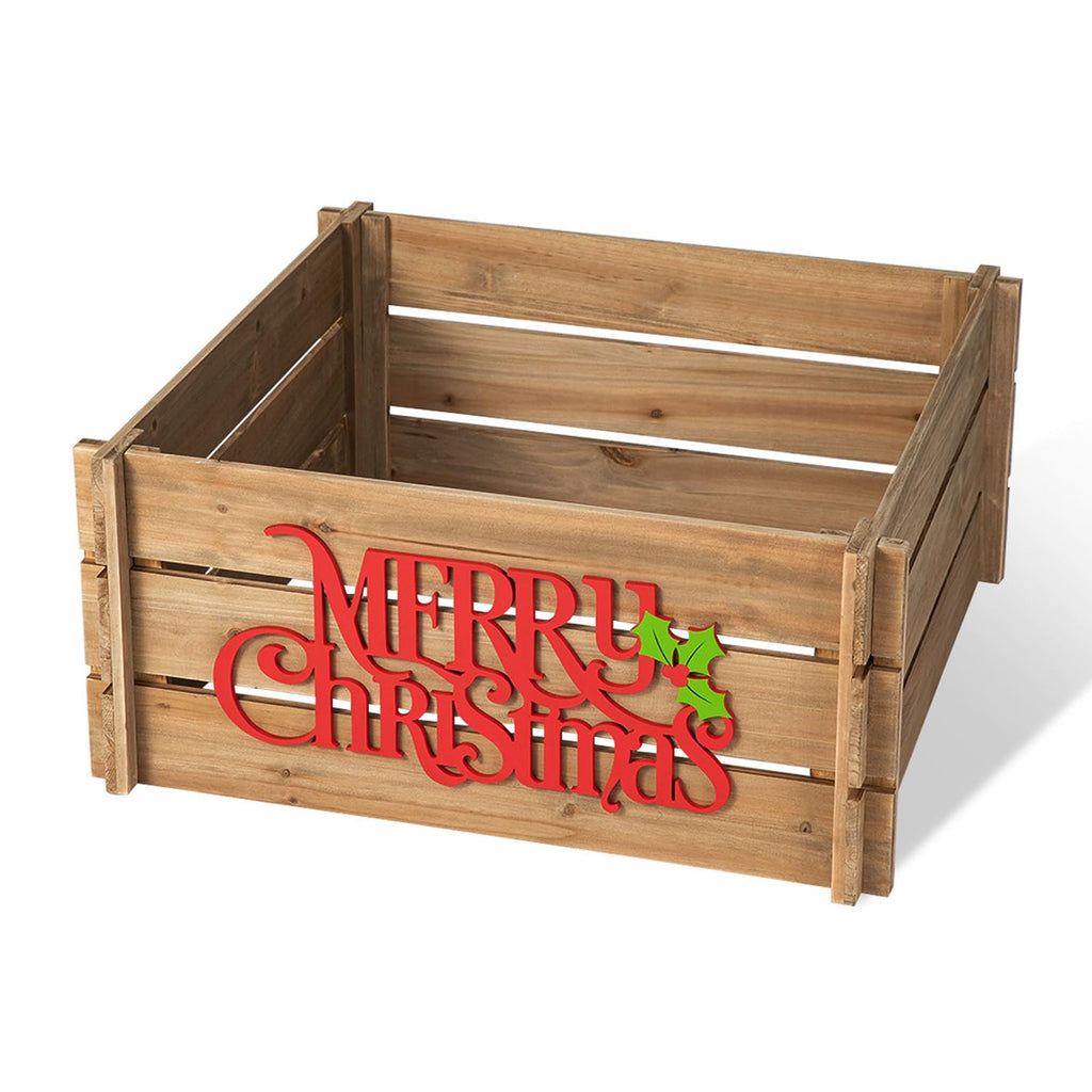 24" L Wooden Tree Collar, Christmas Tree Base Cover, Farmhouse Merry Christmas Crate Collar Decorative Christmas Tree