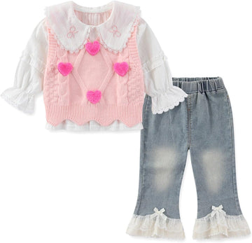 Spring Autumn Summer - Toddler Girl Clothing Sets 3pcs White Shirt Knit Vest Lace Flare Jeans