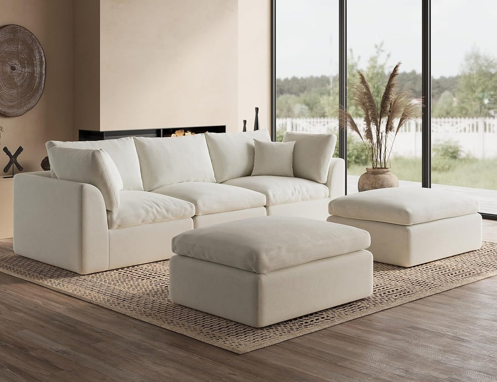 110" Cloud Sectional Couches , Boneless U Shaped Couch with Ottoman, 3 Seater Modular Sectional Sofa, Warm White