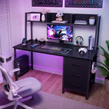 Black Computer Desk with Hutch & Drawers - Office Desk with 3 Storage Drawers and Power Outlets