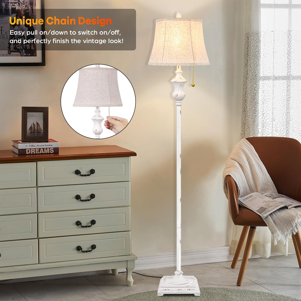 Rustic Vintage White Floor Lamp Bedroom, 64inch Traditional Tall Floor Lamp with White Linen Shade, Retro LED