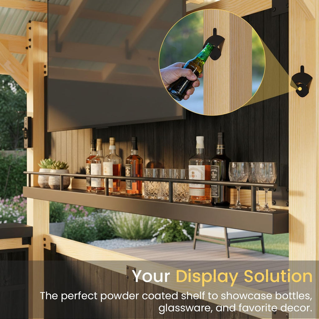 9.5' x 6.4' Outdoor Wooden Gazebo Bar Set with Galvanized Steel Roof, 3 Bar Tops, Power Strip & TV Hook