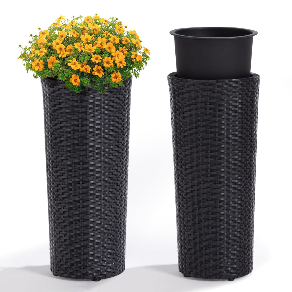 2PCS Rattan Wicker Planters for Outdoor, 24-Inch Tall, Round Black