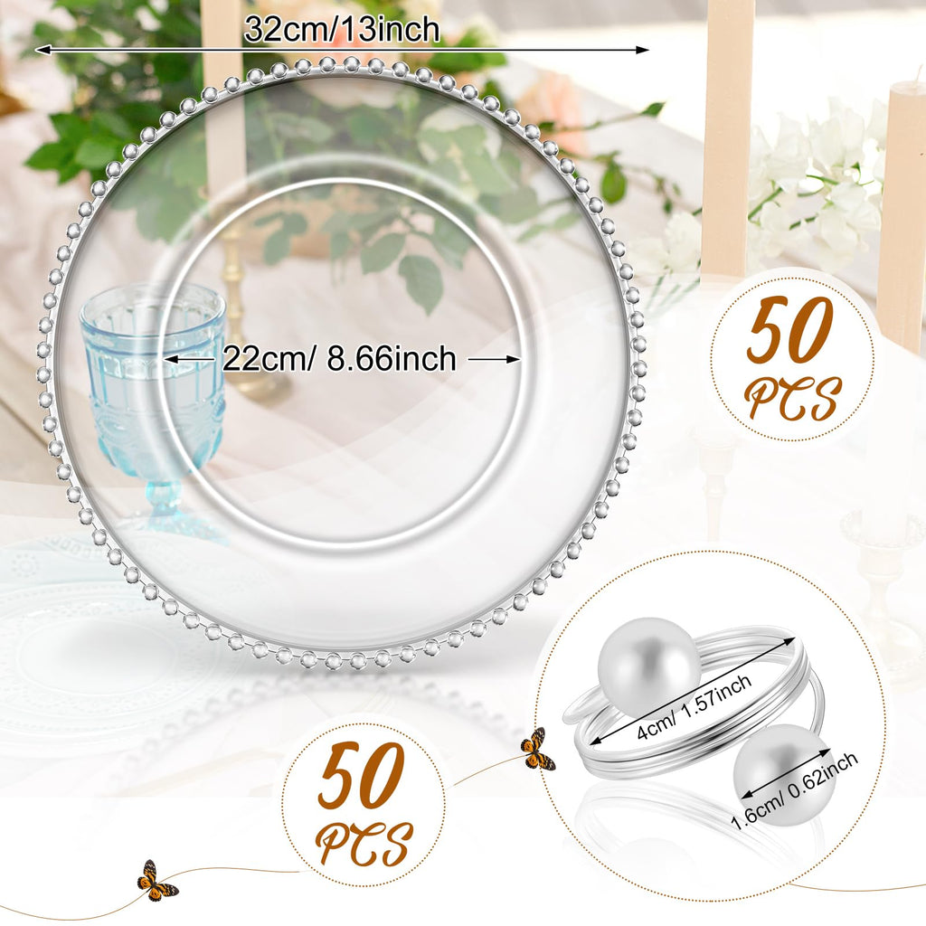 50 Set Clear Beaded Charger Plates Bulk for Wedding, 13 Inch