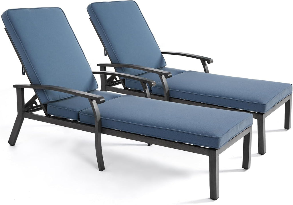 Chaise Lounge Chair Set of 2, Hand-Finished Wood Grain Cast Aluminum Reclining Loungers with Cushions, 5-Position
