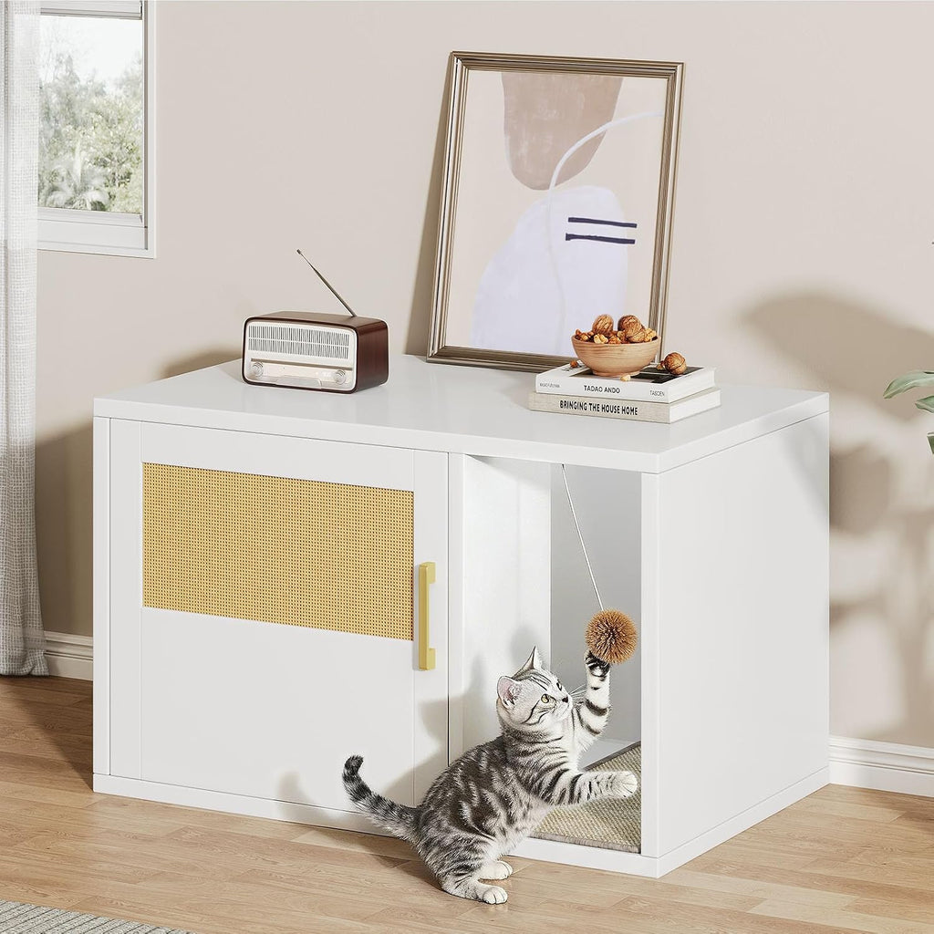 Cat Litter Box Enclosure, White Cabinet with Scratch Pad and Side Table