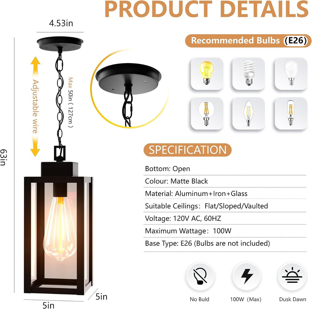 Outdoor Pendant Light Fixture Waterproof Outdoor Hanging Porch Light Anti-Rust Exterior Hanging Outdoor Lantern for