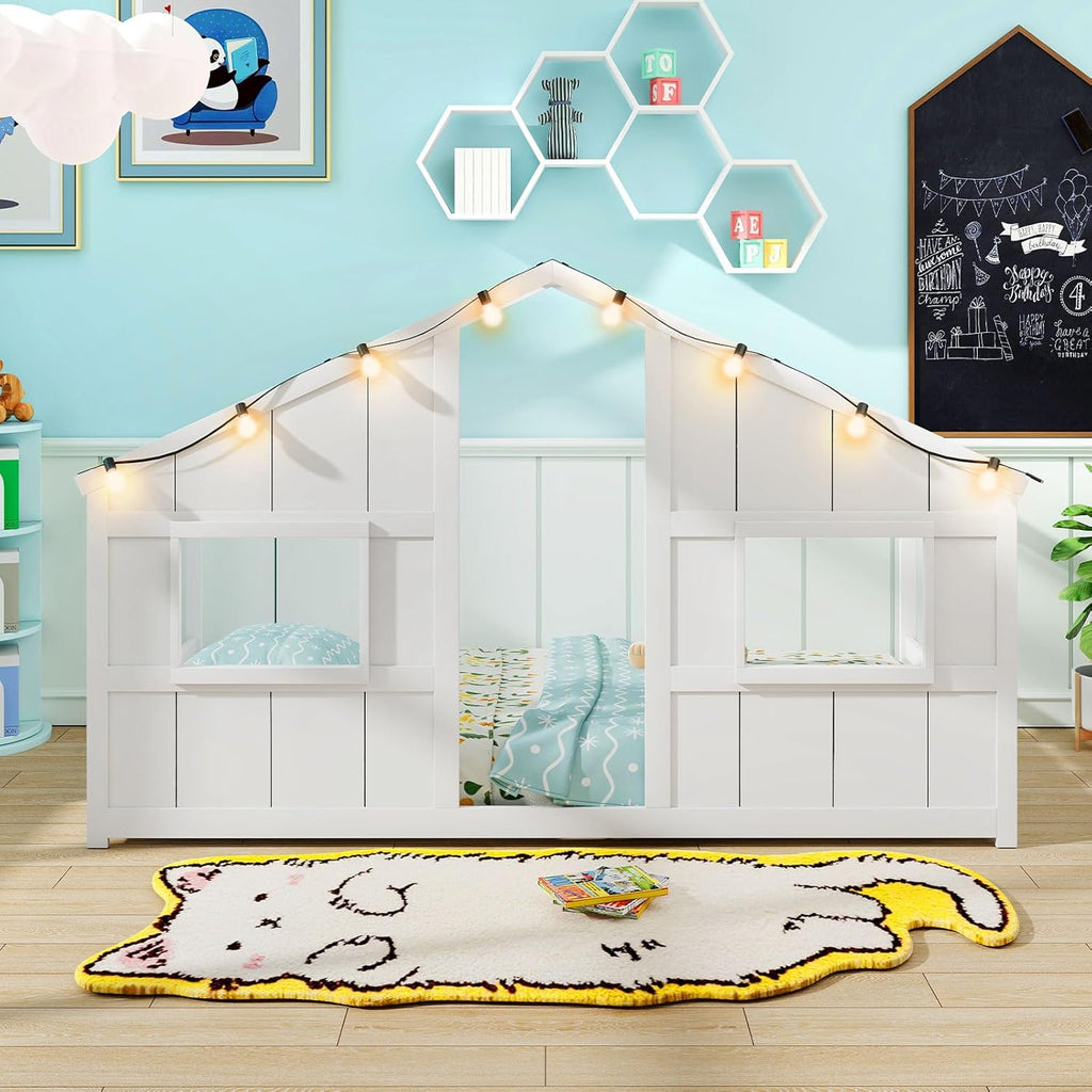 Twin Kids House Bed with Light Bulbs, Wooden Montessori Floor Bed Frame with Roof & Windows, Twin Floor Bed for Kids