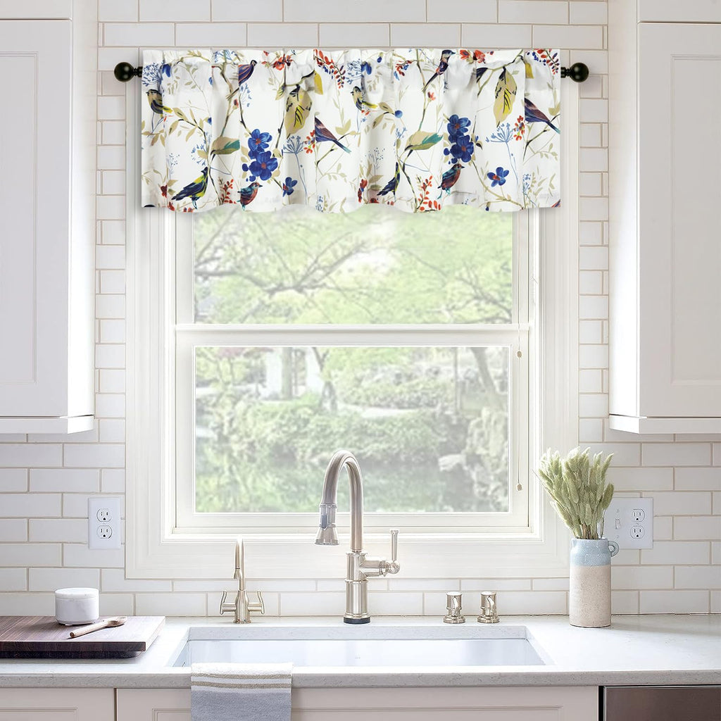Faux Linen Birds Pattern Valance, 1 Panel Blue Bird Print Light Filtering Privacy Window Treatment, 52 x 12 Inch