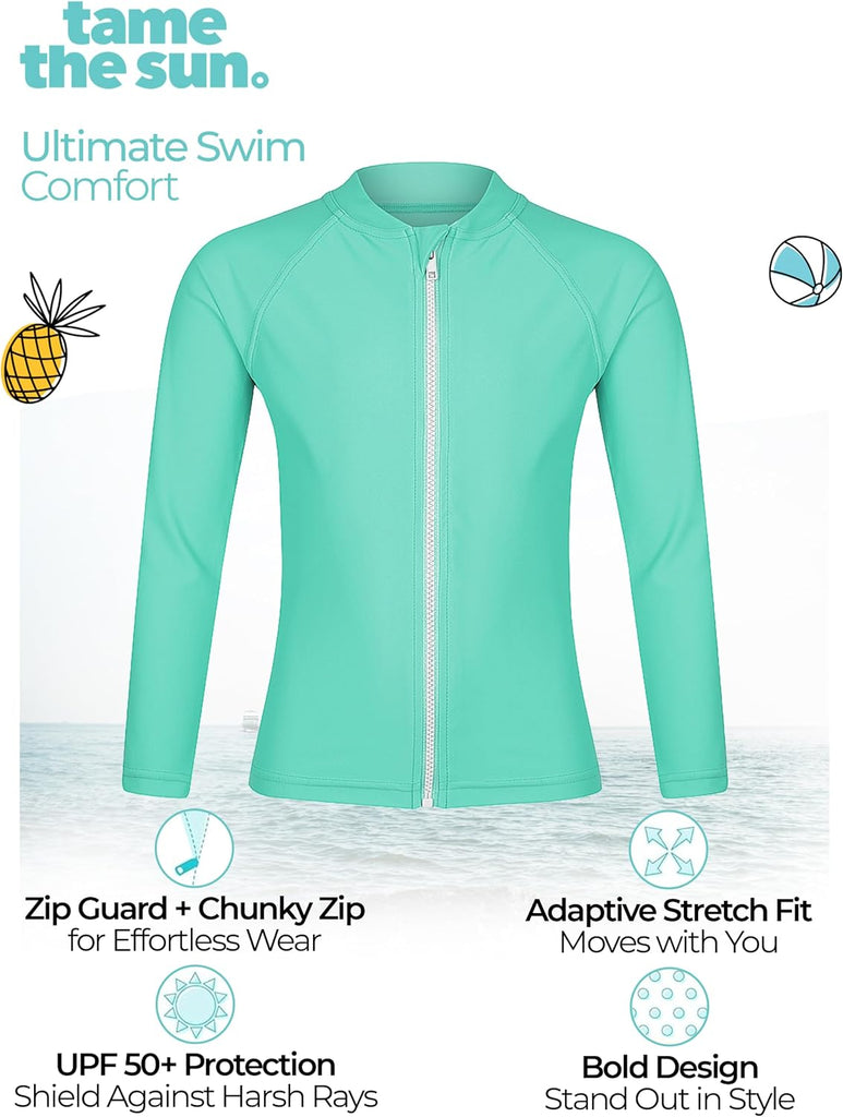 Girls Long Sleeve Swim Shirt UPF 50+ Rash Guard One Piece Zipper Swim Shirt