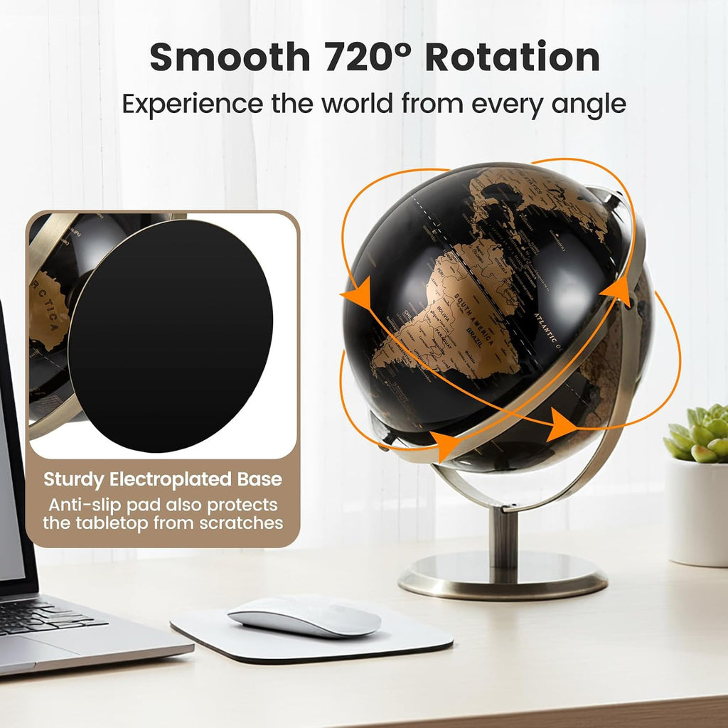 9-Inch Metallic Black World Globe, 720° Rotating Earth Globe w/Metal Stand for Modern Desktop Decoration