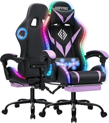 Gaming Chair with Bluetooth Speakers RGB LED Lights Computer Chair-Purple | Ergonomic Massage Game Chair with