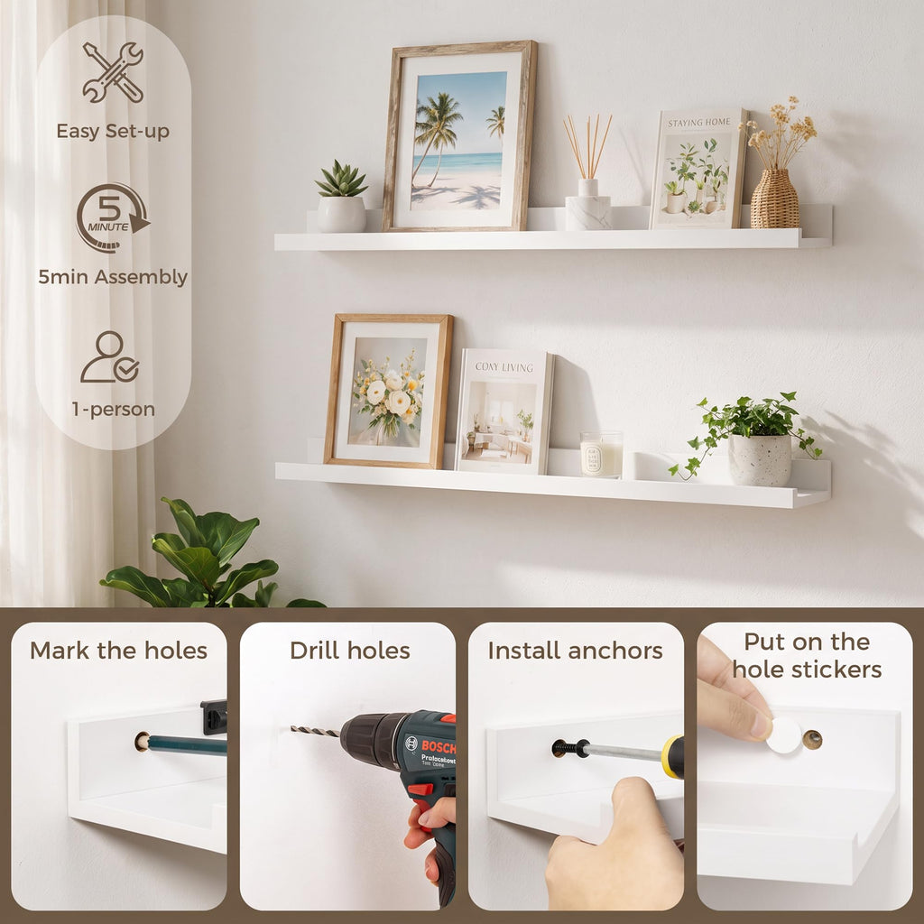 Picture Ledge Shelf, 32'' White Floating Shelves with Lip Set of 2