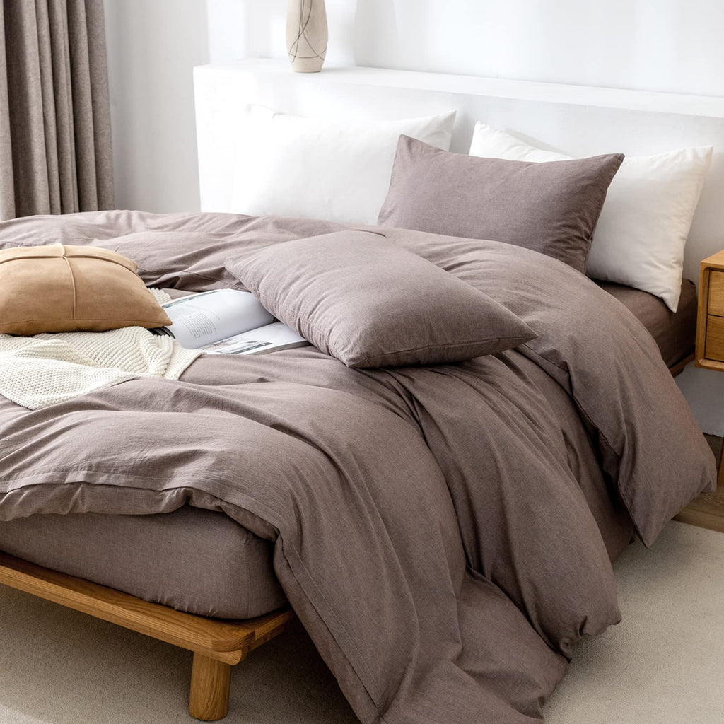 Duvet Cover Set- 100% Washed Cotton 3 Pcs Soft Comfy Breathable Chic Linen Feel Bedding, 1 Duvet Cover and 2