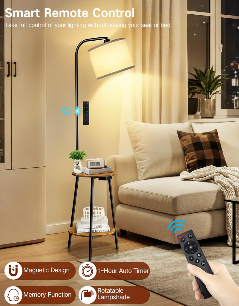 Floor Lamp with Round Table, Dimmable LED Standing Lamp with Remote, 3 Color Temperatures, Side Table with Charging