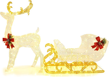 4 FT Lighted 3D Reindeer & Sleigh, Pre-lit Christmas Decoration with 215 Warm White LED Lights, 8 Ground Stakes & 30