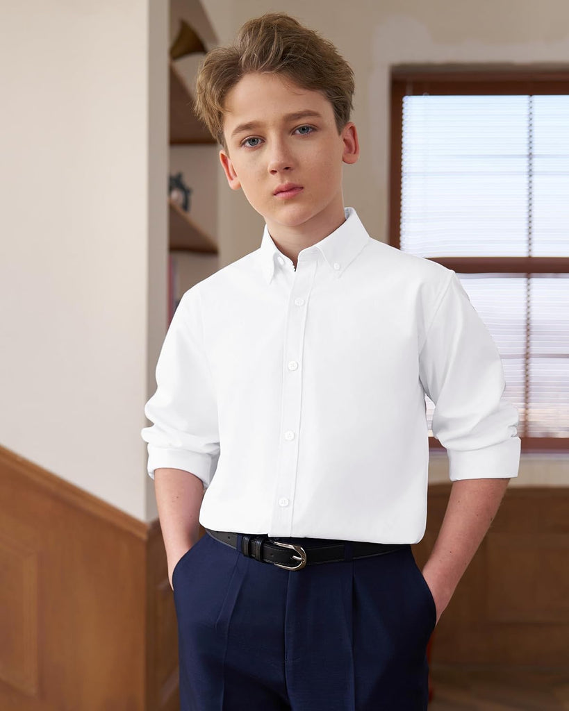 Boy's Long Sleeve Oxford Dress Shirts Solid Casual Button Down Collar Shirt Kids Formal Uniform Tops