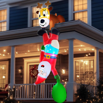 8 Ft Christmas Inflatable Reindeer & Climbing Santa Claus, Funny Hanging Outdoor Decoration with Built-in LED Light