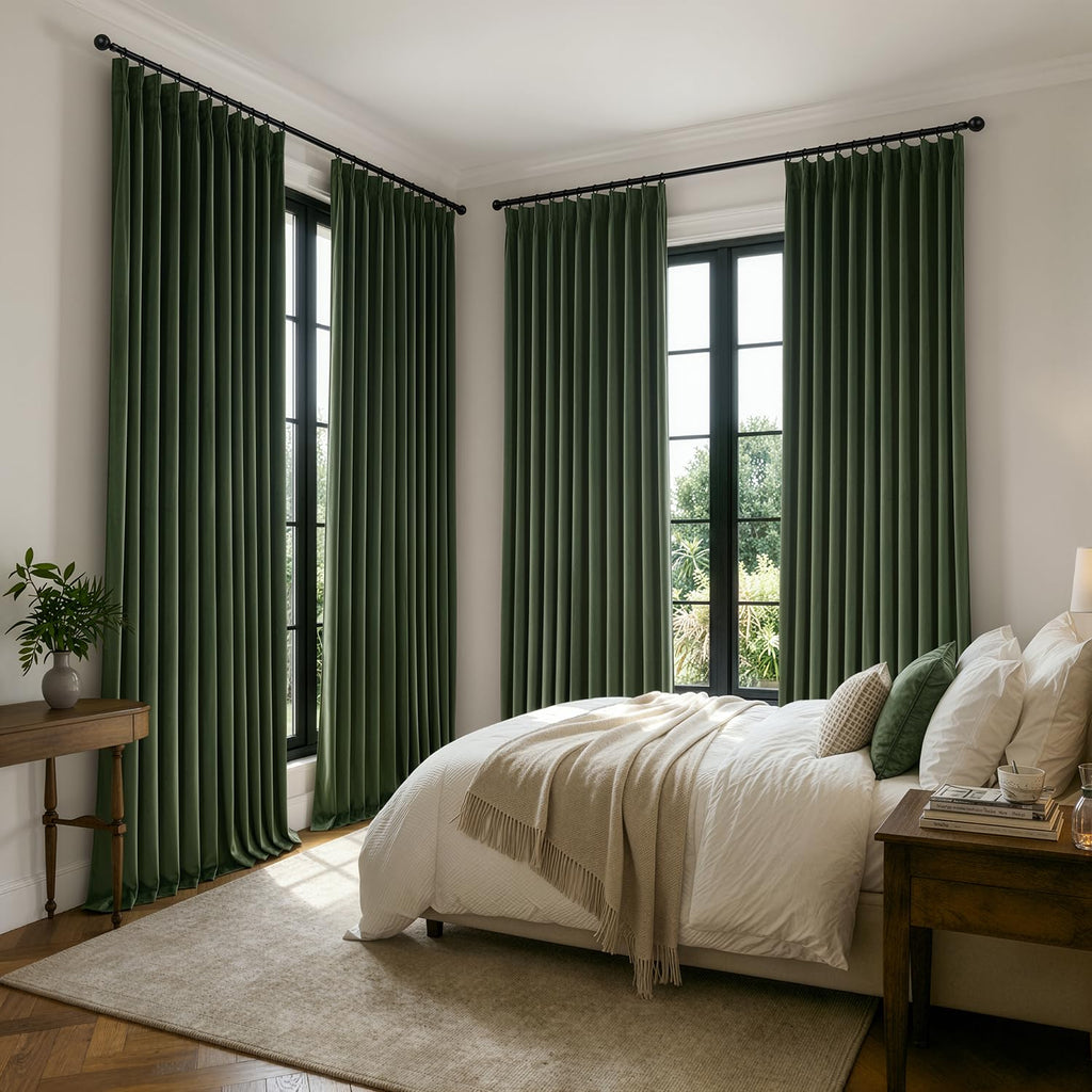 Velvet Pinch Pleated Extra Wide Olive Green Blackout Curtains 70x84