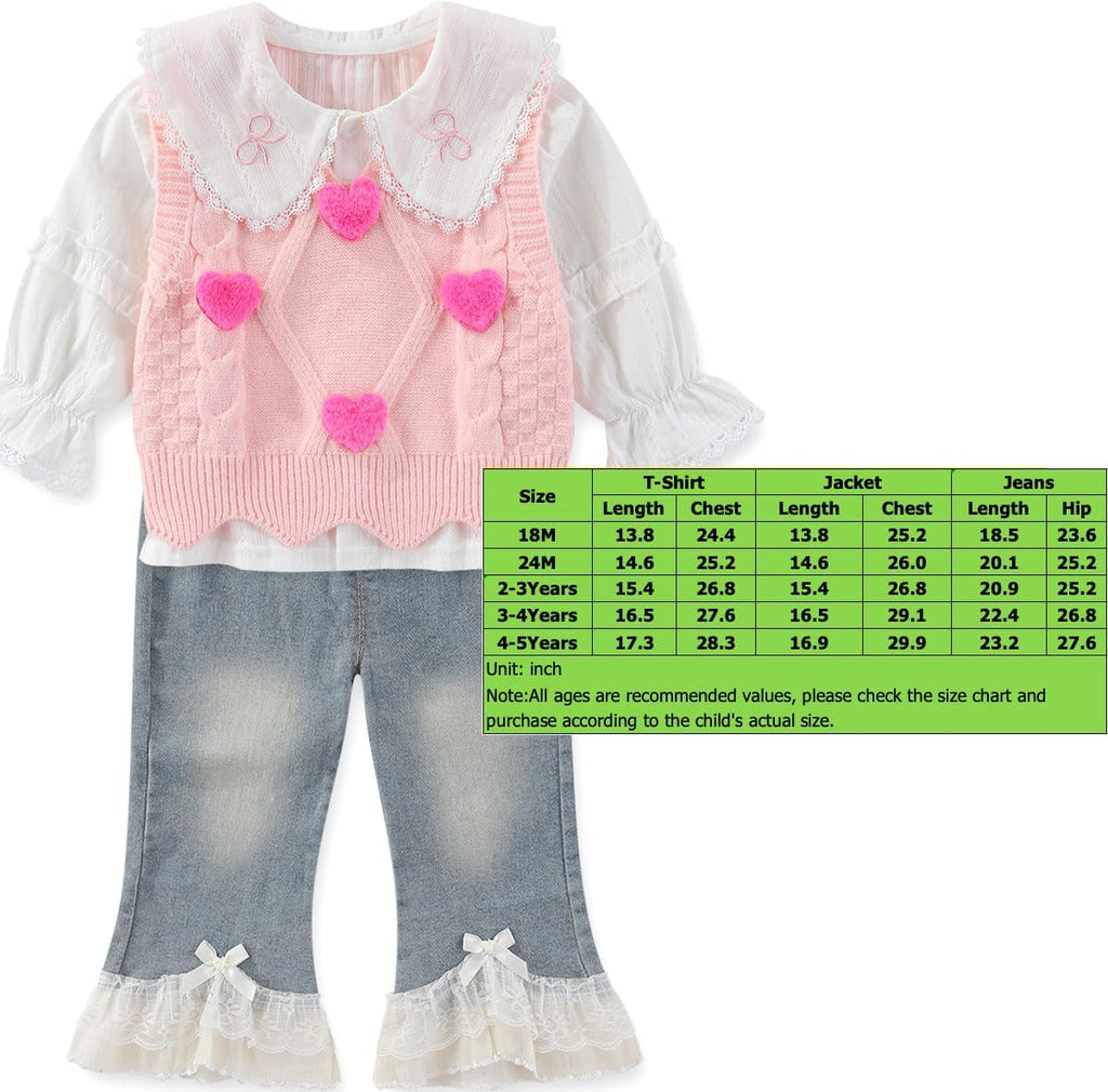 Spring Autumn Summer - Toddler Girl Clothing Sets 3pcs White Shirt Knit Vest Lace Flare Jeans
