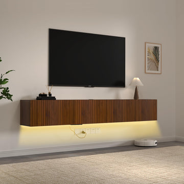 82" Floating TV Stand with LED Lights & Charging Station for 80 inch TV, Wall Mounted Entertainment Center, Modern