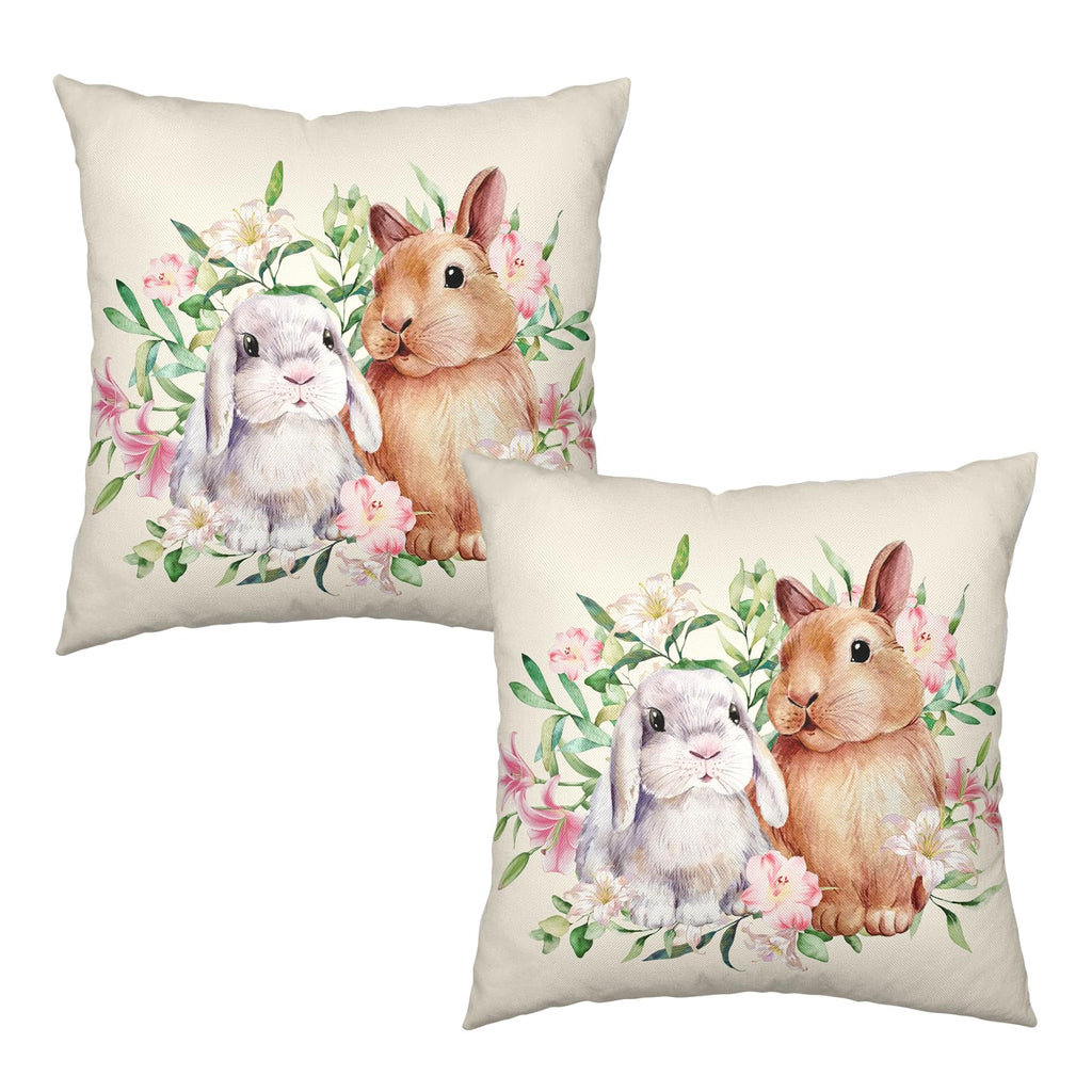 Easter Bunny Flowers Pillow Covers 18x18 Inch Spring Watercolor Rabbit Floral Pillow Cases Set of 2 Farmhouse Outdoor