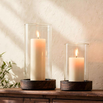 Set of 2 Hurricane Candle Holders with Wood Base & Glass Cylinder (4.2x5.9" & 4.6x7.8") - Rustic Wooden Candle