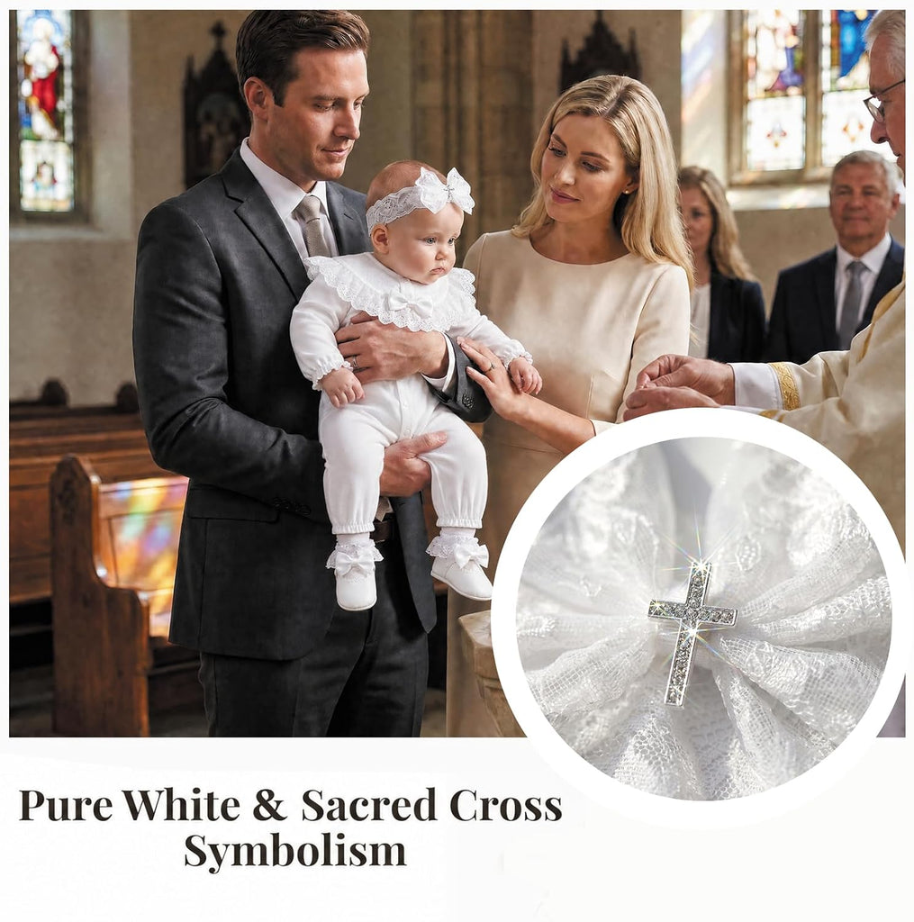 Baptism Baby Girl Outfits, White Christening Outfit Set Includes Bonnet,Headband, Shoes & Socks for Newborn Infant