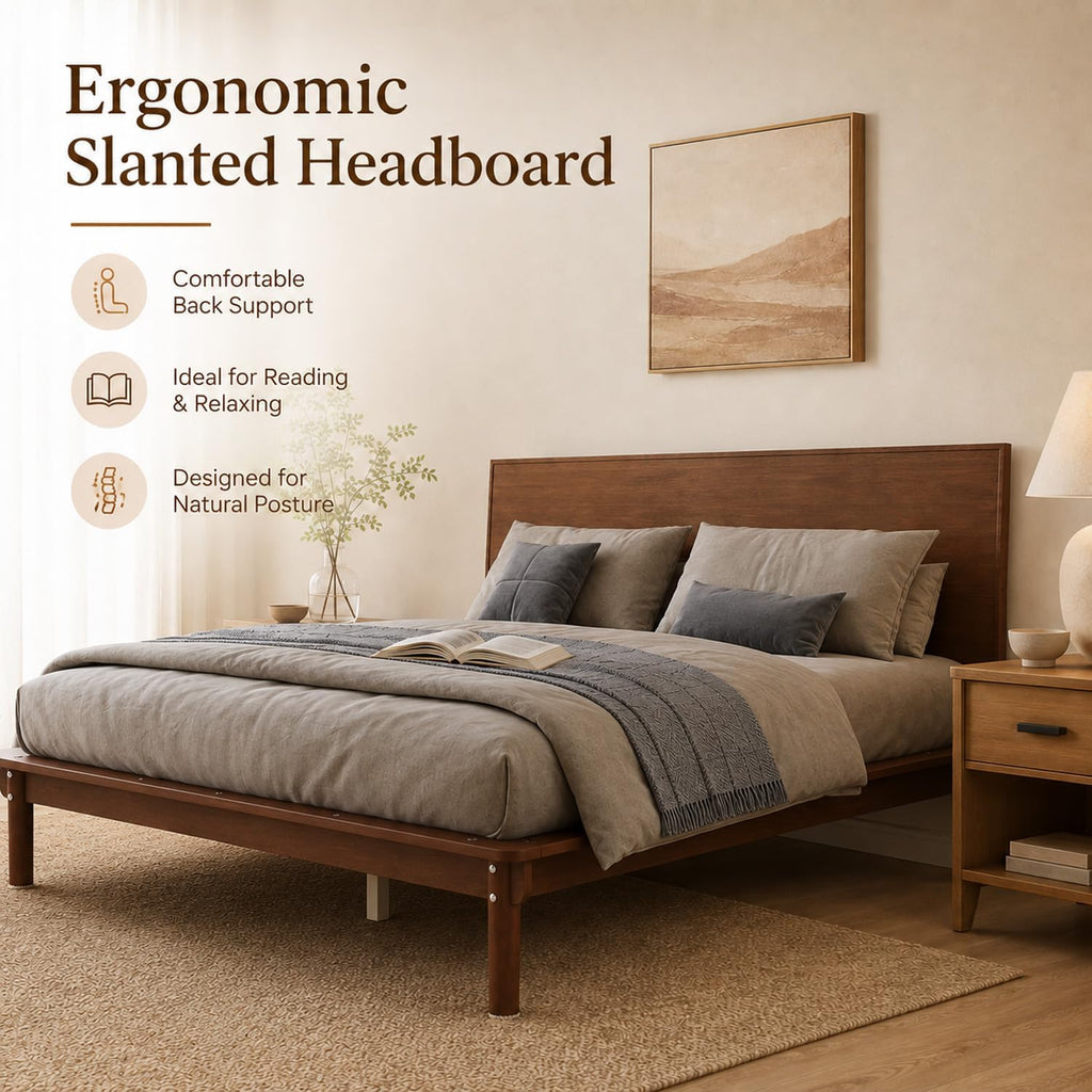 Platform Bed Frame with Headboard Wood, Walnut