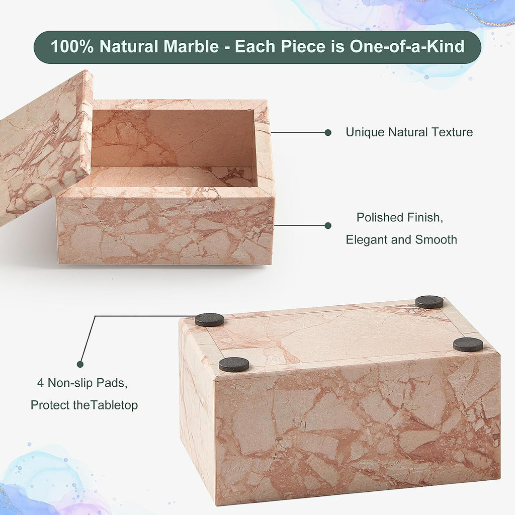 Natural Marble Storage Box with Lid, Rectangular Organizer for Jewelry