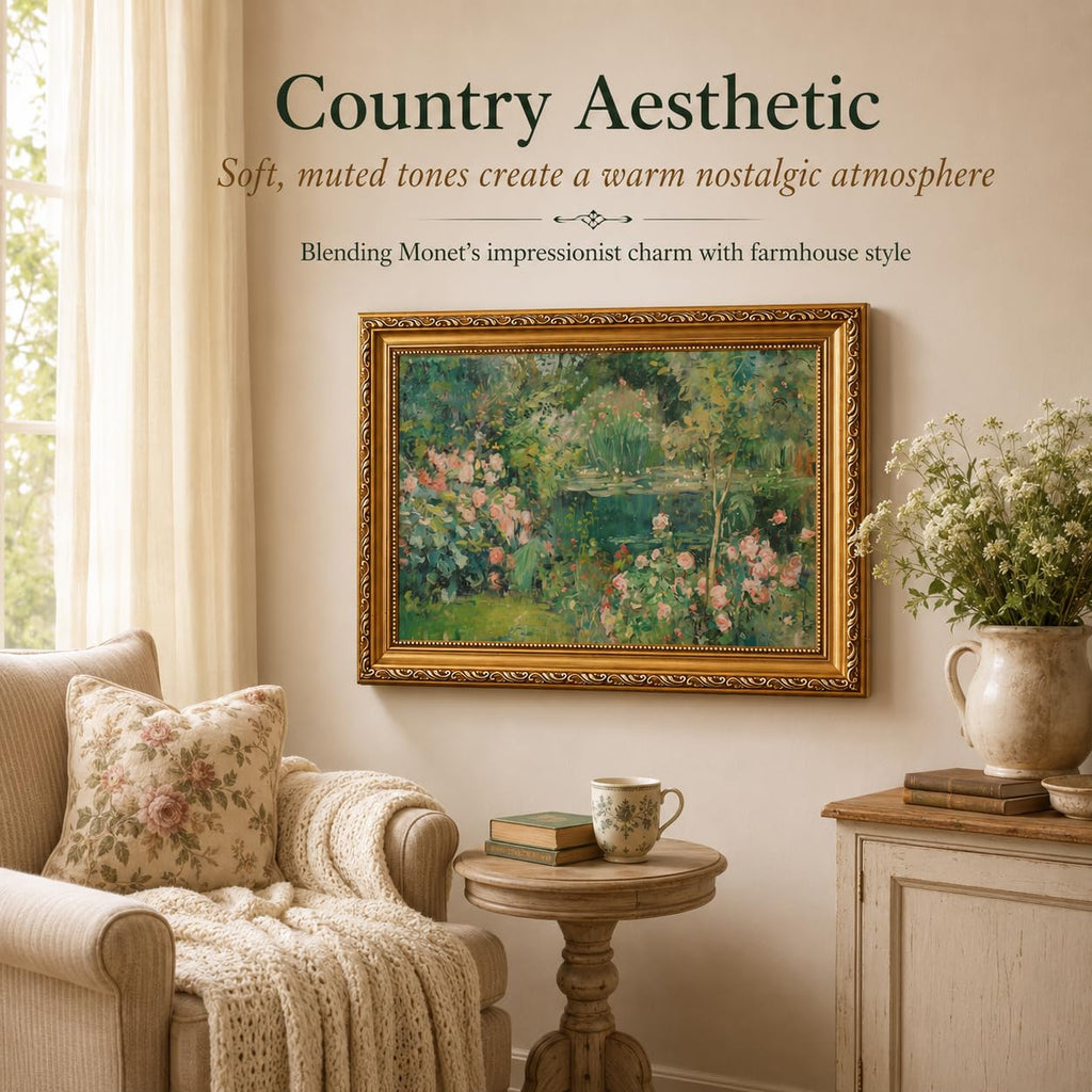 Vintage Gold Framed Monet Garden Wall Art, Impressionist Water Lily Pond Framed Canvas Print, French Country Floral