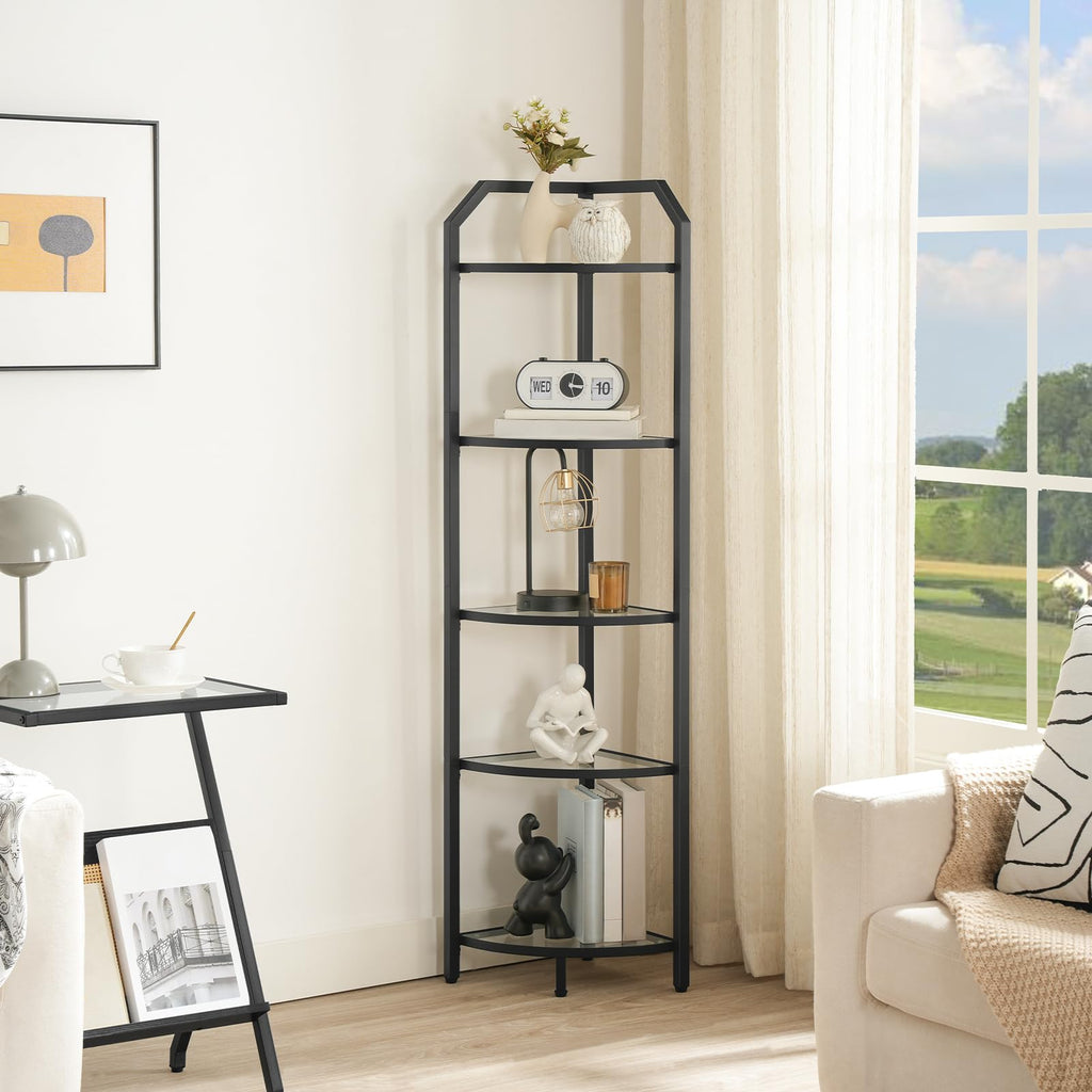 5-Tier Corner Shelf Stand, Gold Corner Bookshelf, Tempered Glass Shelves, Bathroom Organizer, Corner Plant Stand