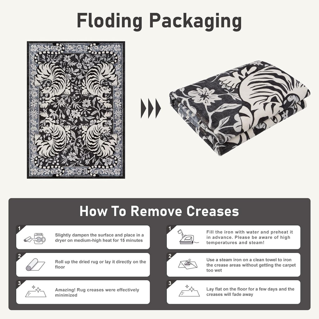 Tiger Washable Rugs, Boho Bedroom Rug Non-Slip Jungle Floral Area Rug, Soft Stain Resistant Vintage Western