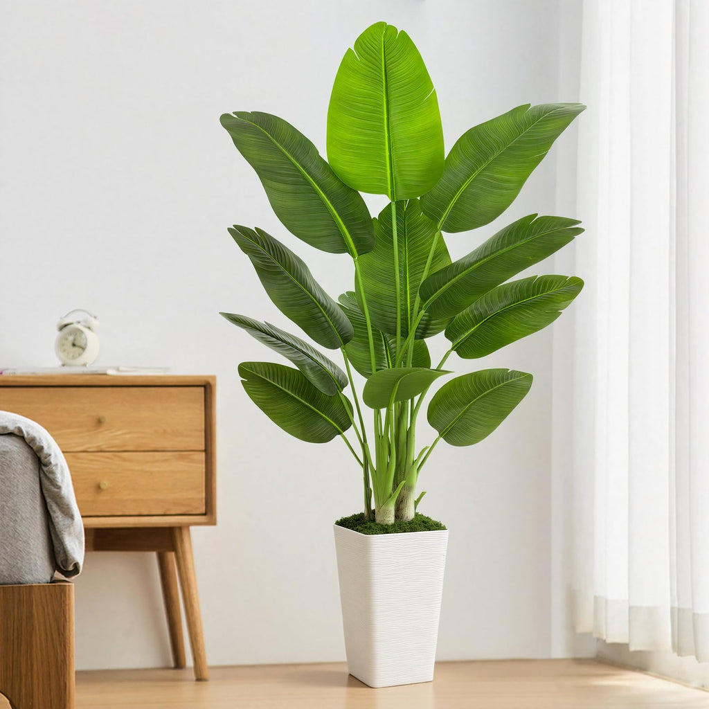 Lifelike Bird of Paradise Artificial Plant 6ft Faux Banana Leaf TRE with White Tall Wavy-Textured Planter Decor