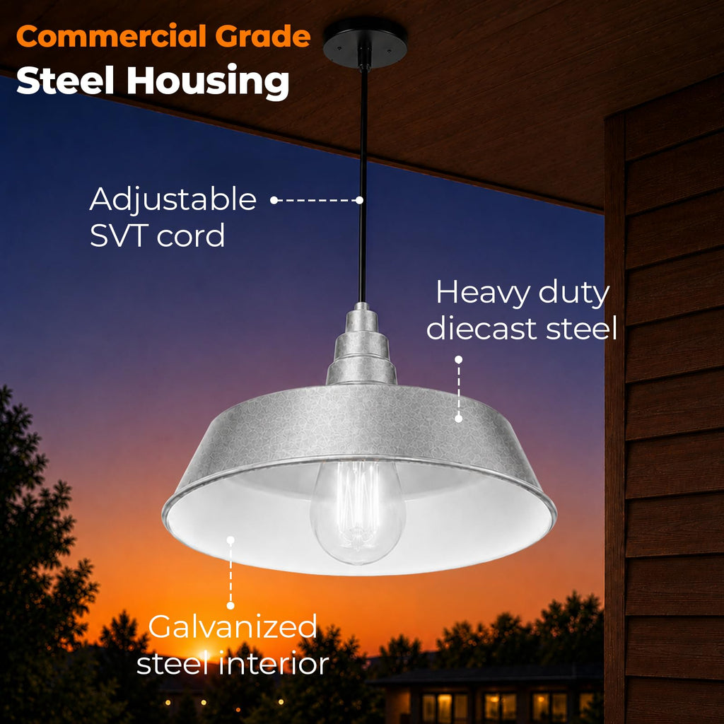 17-Inch Industrial Galvanized Pendant Barn Light Fixture, 120V Hardwire