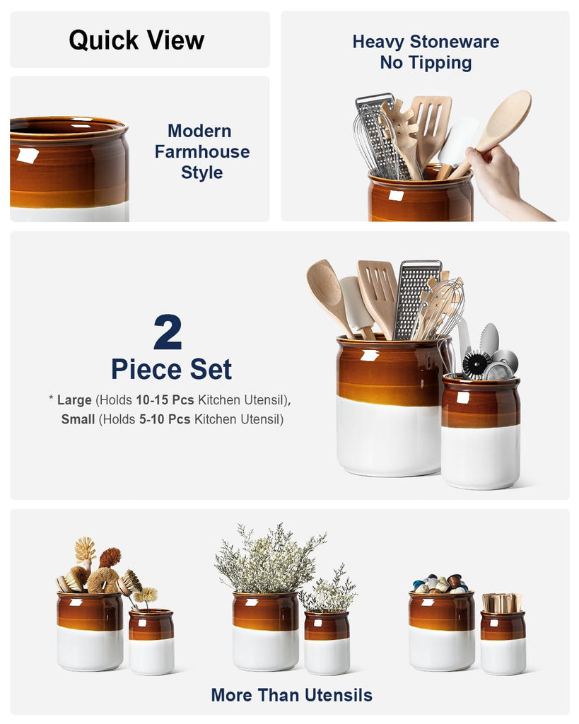 Kitchen Utensil Holder for Countertop, Ceramic Utensil Crock Set of 2, Rustic Brown Holder for Spatulas, Spoons