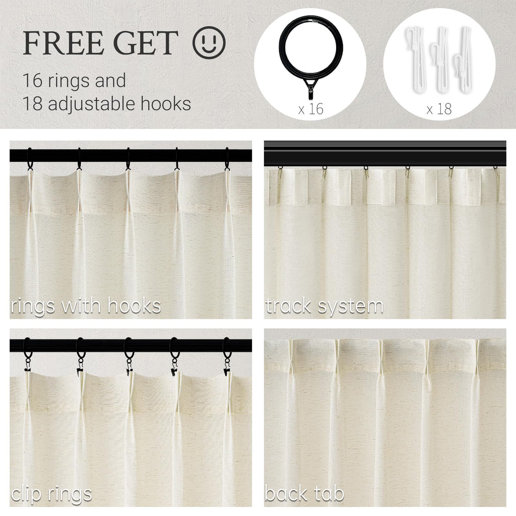 Natural Pinch Pleated Linen Curtains 84 Inch Length 2 Panels Living Room Textured Cream Semi Sheer Window Curtain