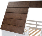 Twin Over Twin House Bunk Bed Frame with Roof,Window,Ladder and Slide for Boys Girls, White & Brown