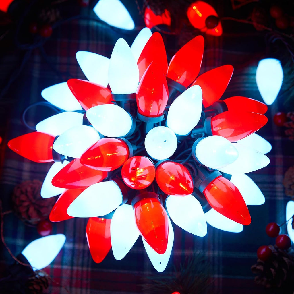 50FT C9 Christmas Lights Outdoor, Green Wire (Red & Pure White)