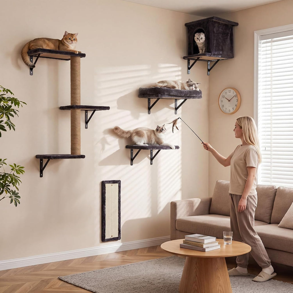 5-in-1 Cat Wall Shelves for Large Cats, Floating Climber with Scratcher