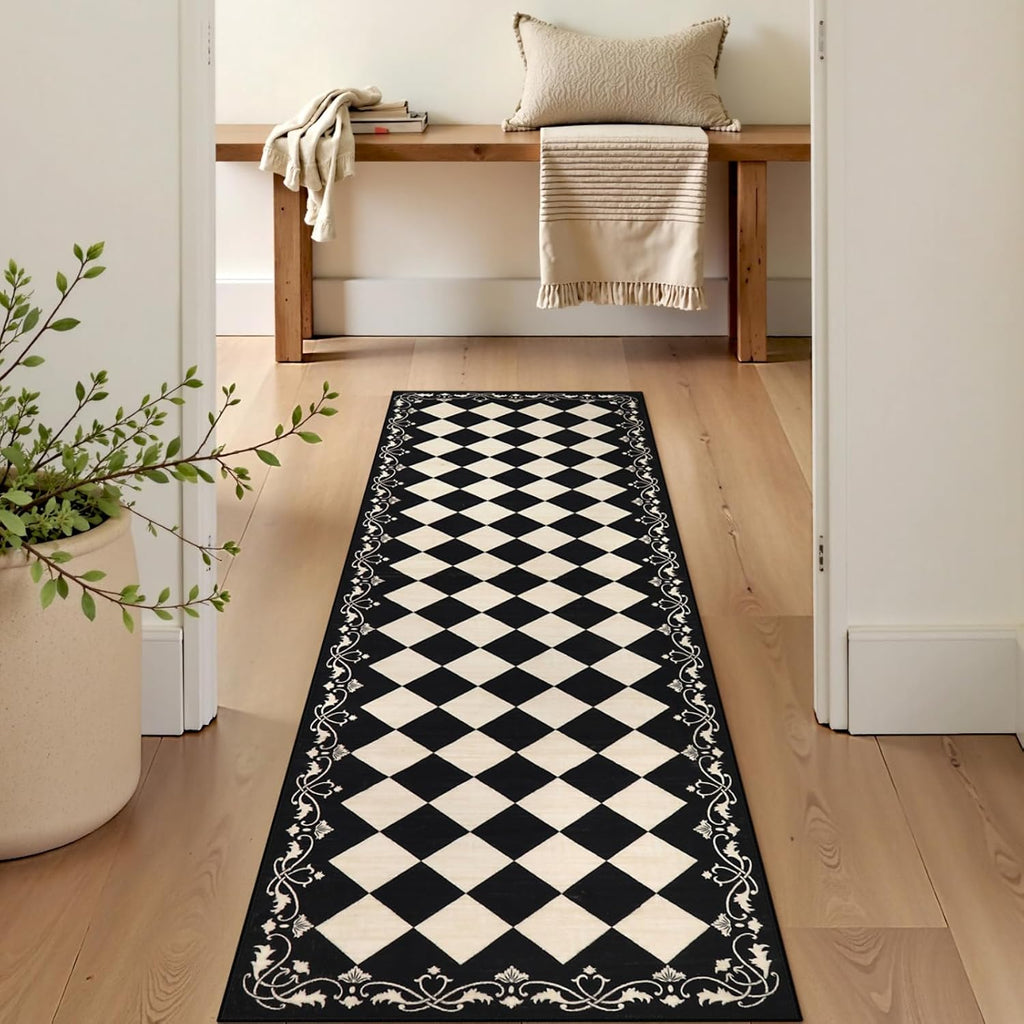 Checkered Bathroom Runner Rug, Black and White Washable Runners s Non Slip, Moroccan Trellis Rug for Besides