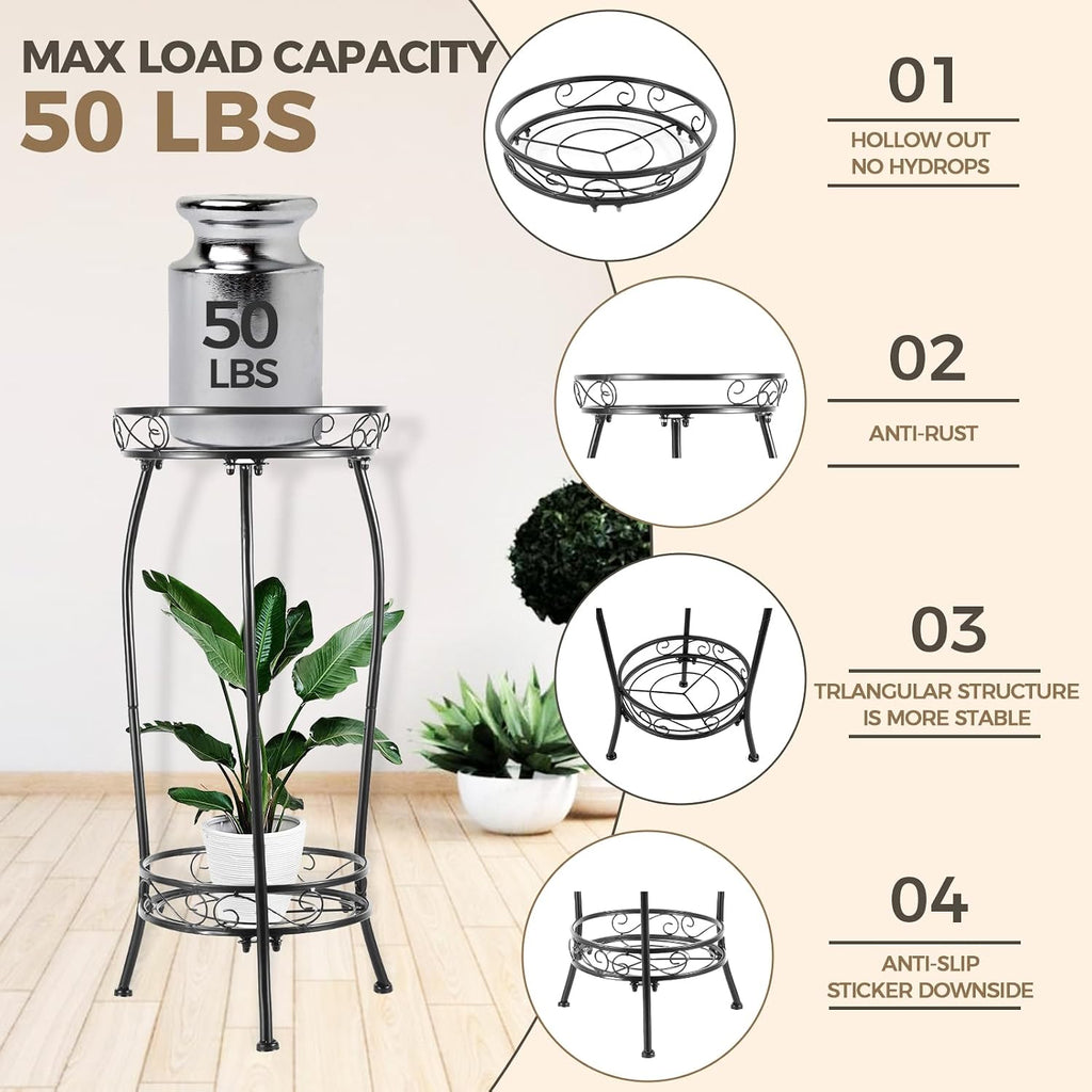 Plant Stand Indoor Outdoor, Tall Black Metal, 2 Tier 27.1 Inch | Rustproof Metal, Stable 3-Leg Base, Heavy Duty 100