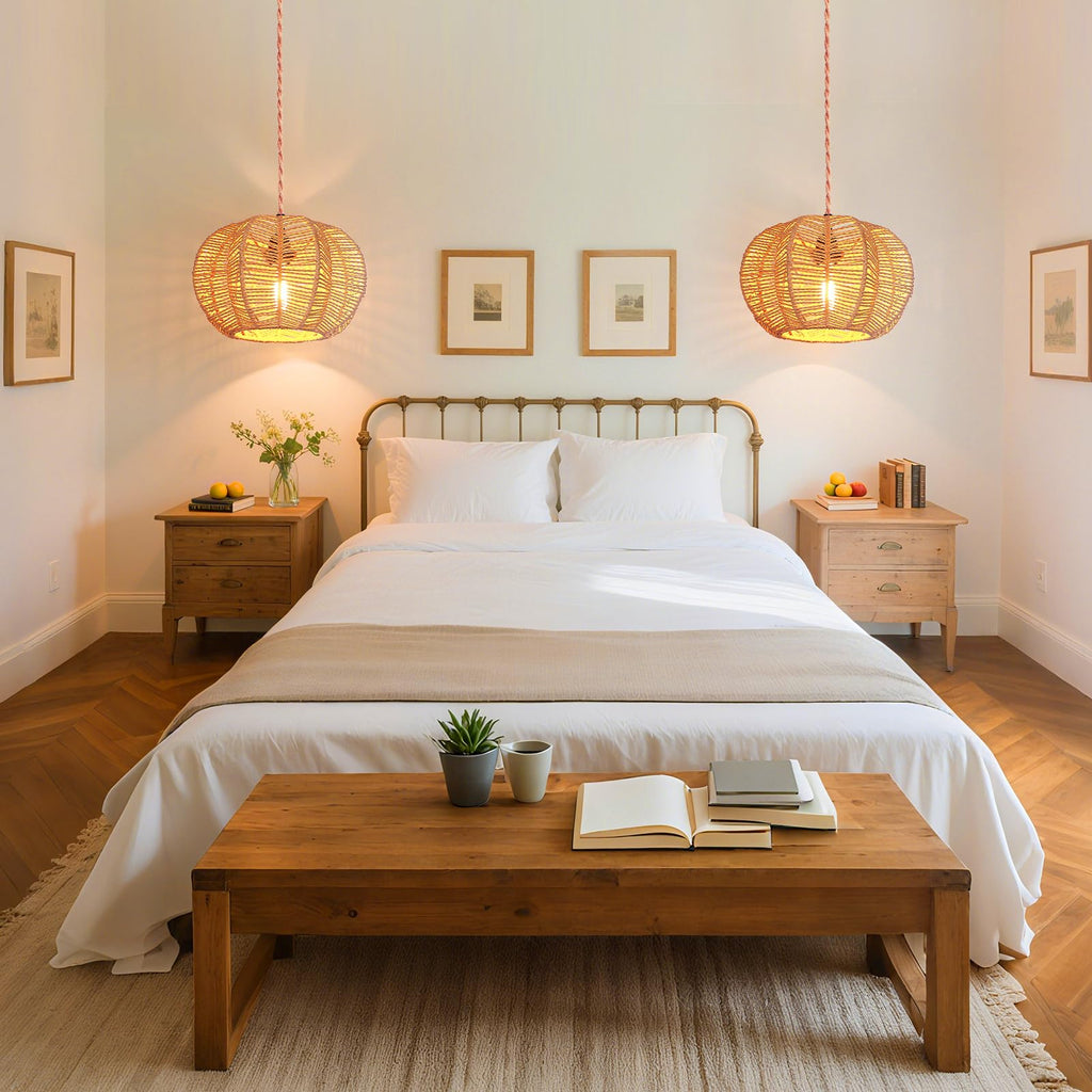 Hanging Light Fixture with Plug in Cord with on Off Switch, Rattan Pendant Lights Boho Lamp Ceiling Light, Plug in