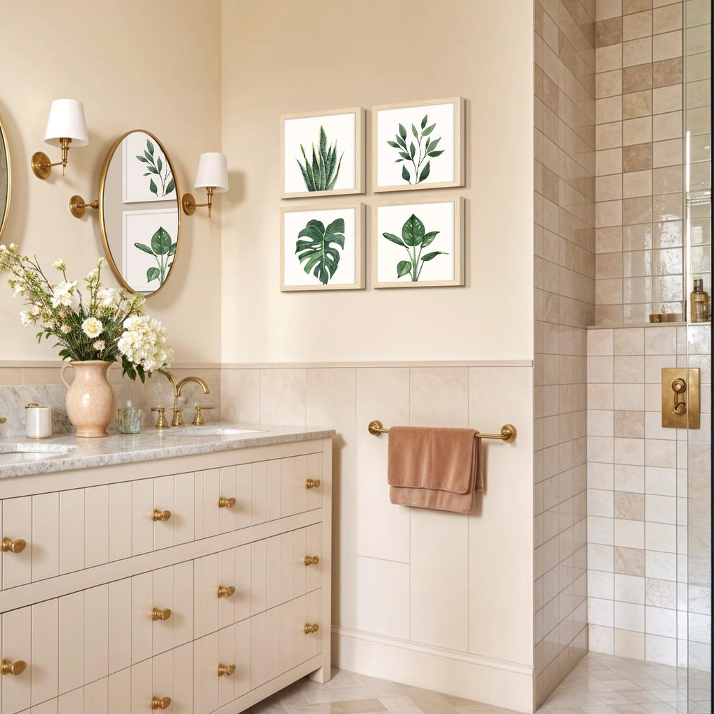 Framed Bathroom Wall Art Decor, 10"x10" Botanical Artwork Beige