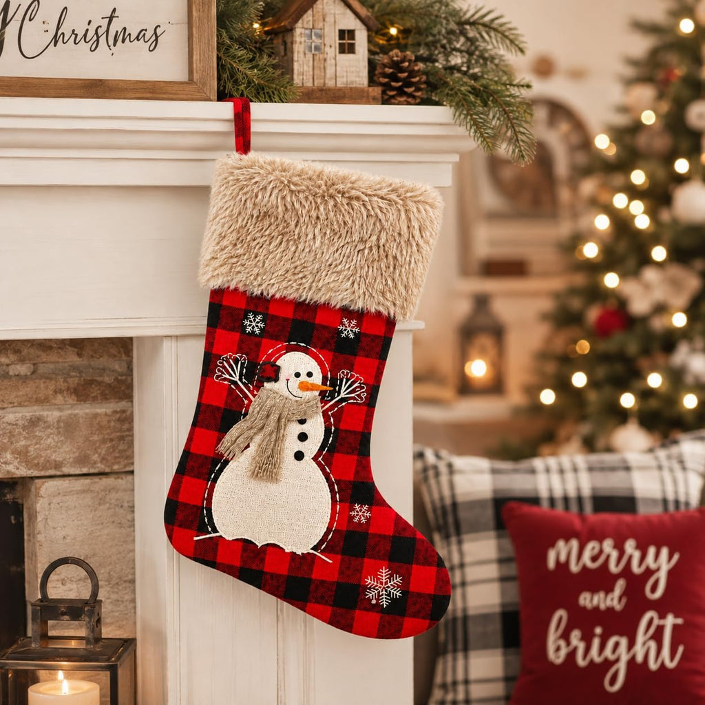 20" Black and Red Plaid Reindeer Christmas Stocking, Rustic Antique Vintage Figurine Style Home Decor, Faux Fur Scarf